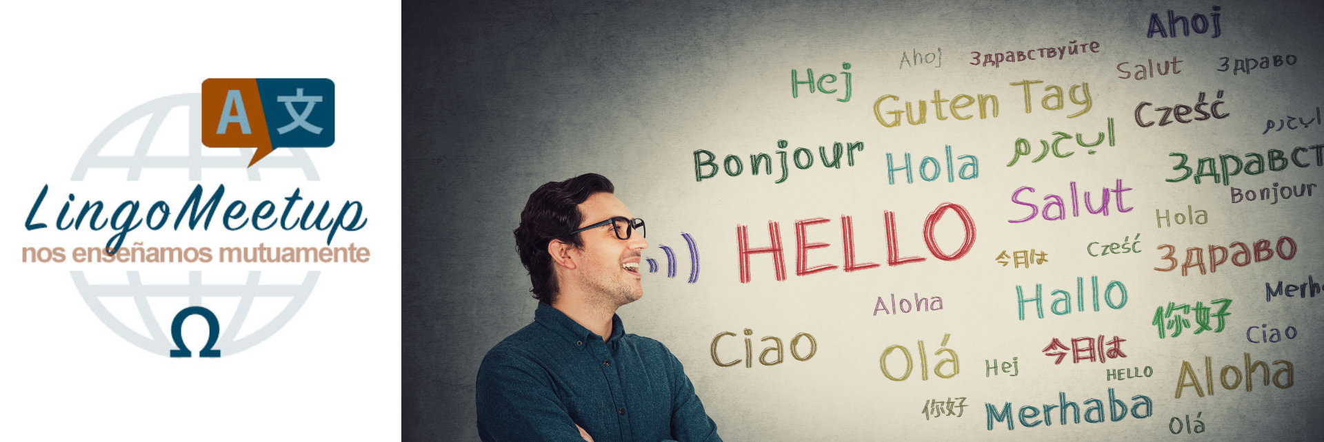 Lingo Meetup Banner, Man with words saying hello in many languages